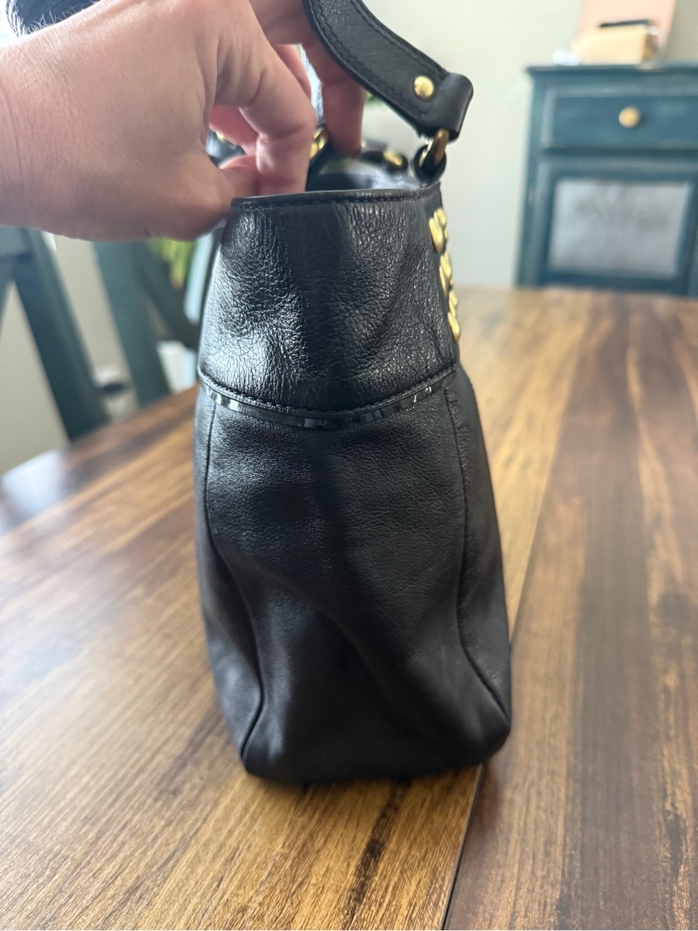 Coach Black Leather Shoulder Tote with Gold Stud Accents - Picture 6 of 10